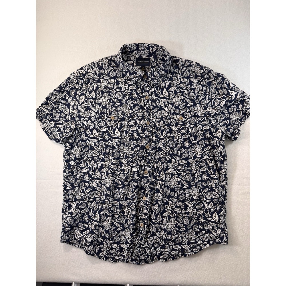 Lucky Brand Mens Floral Button Down Shirt Large Blue Linen Blend Casual Outdoor
